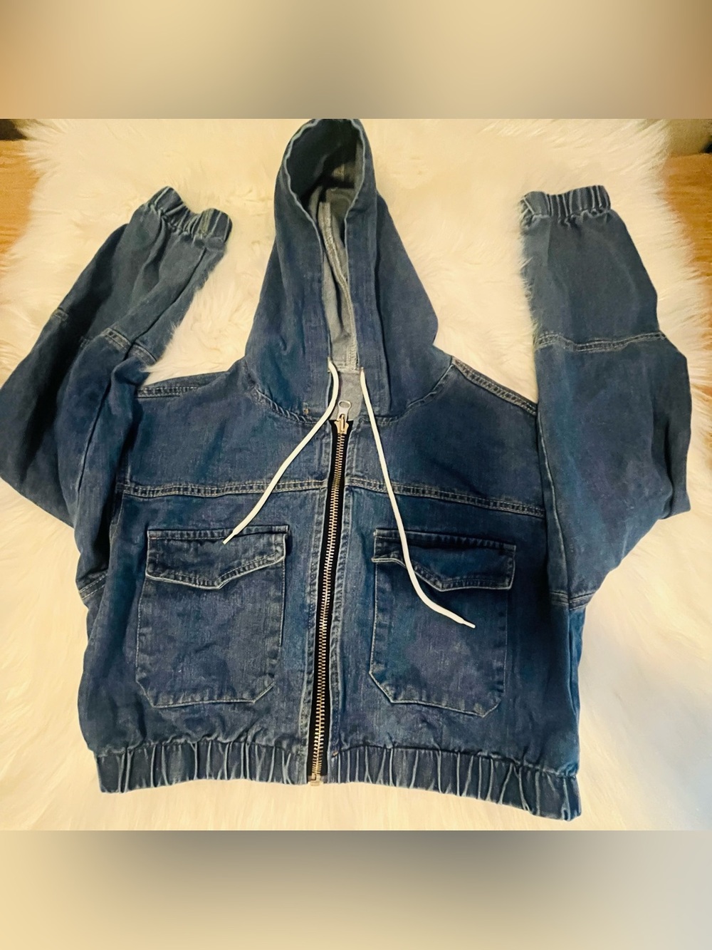 Denim Hooded Zip-Up Cropped Jacket Size M/L NWOT